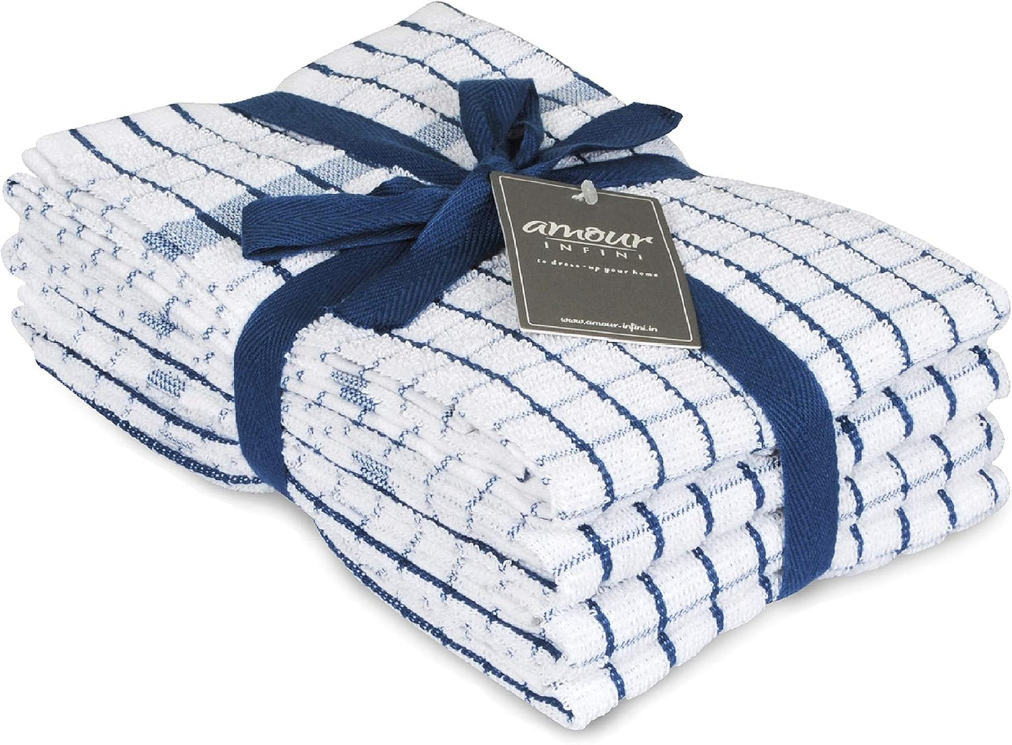 Kitchen Towels Set of 4 - Highly Absorbent, Super Soft Terry Cotton 20X28 Inch Dish Towels with Hanging Loop - Hand & Tea Towels for Cleaning & Drying Dishes (Blue)