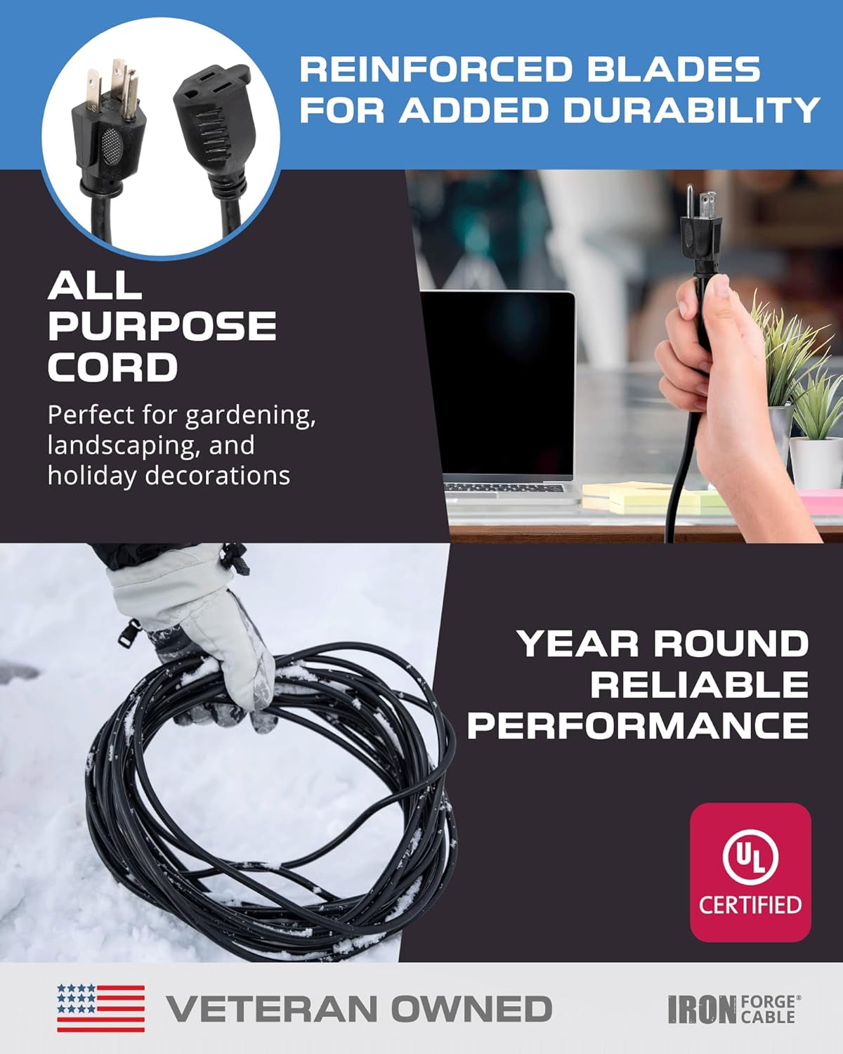 2 Pack 100 Ft Black Extension Cord, 16/3, 100 Foot Extension Cord, 3 Prong, Weatherproof - Great for outside Use