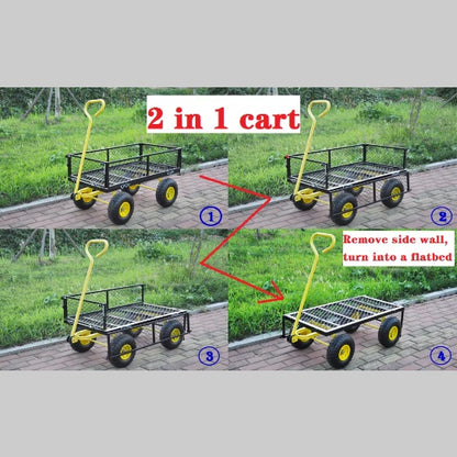 Heavy Duty Steel Garden Cart - 4-Wheel Utility Wagon with Swivel Handle & Detachable Sides