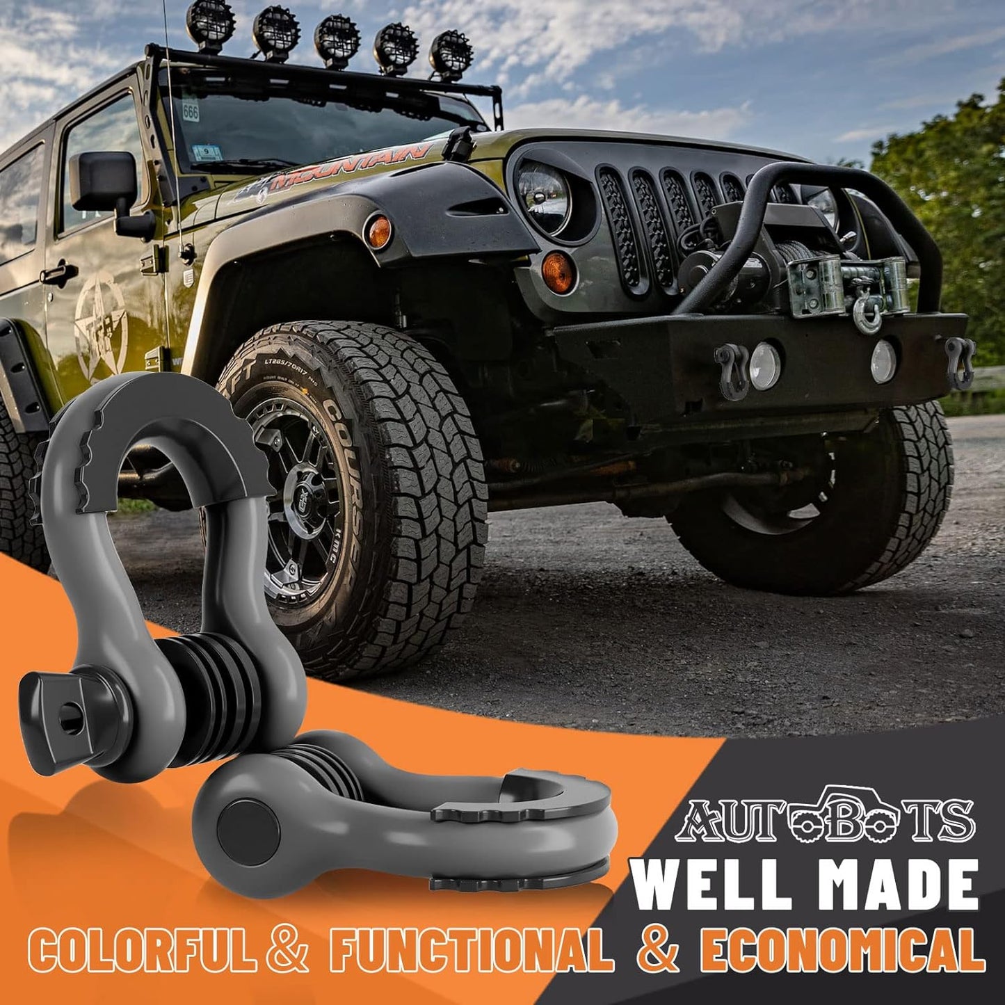 Bow Shackles 3/4" D Ring Shackle (2 Pack), 48,000Ib Break Strength with 7/8" Pin, 2 Isolator and 4 Washers Kit for Offroad Vehicle Truck Recovery Gray