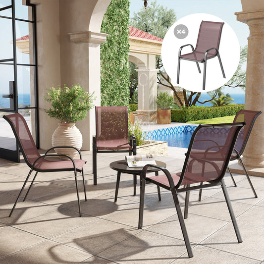 Set of 4 Outdoor Dining Chairs - Stackable Patio Chairs with High Back & Breathable Mesh - Brown