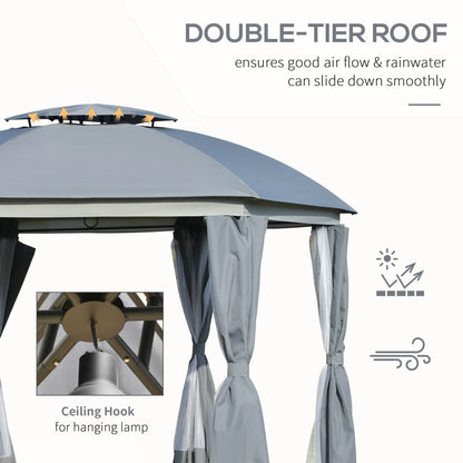 12' x 12' Round Outdoor Gazebo - Dome Canopy Shelter with Double Roof, Netting & Curtains - Grey