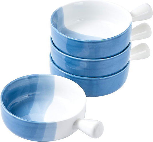 20 Oz round Flat Porcelain Soup Bowl with Handle Set of 4, 20 Ounce Small Porcelain French Onion Soup Crocks in Gradient Blue Color for Kitchen or Christmas Dinner Table Decoration