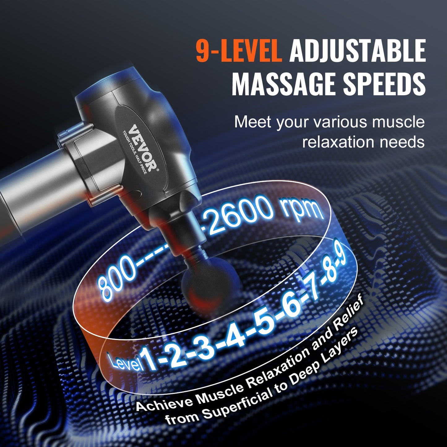 VEVOR Massage Gun - Deep Tissue Percussion Massager | 9 Speeds & 6 Heads