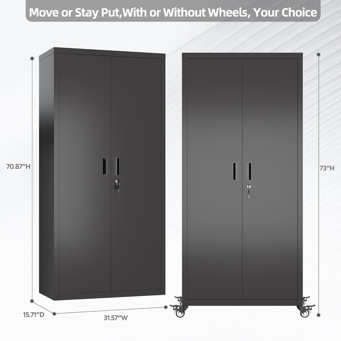 Metal Garage Storage Cabinet with Optional Wheels - Lockable 2-Door Organizer with Shelves