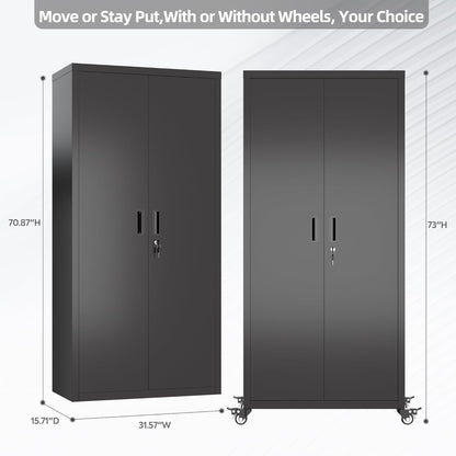 Metal Garage Storage Cabinet with Optional Wheels - Lockable 2-Door Organizer with Shelves