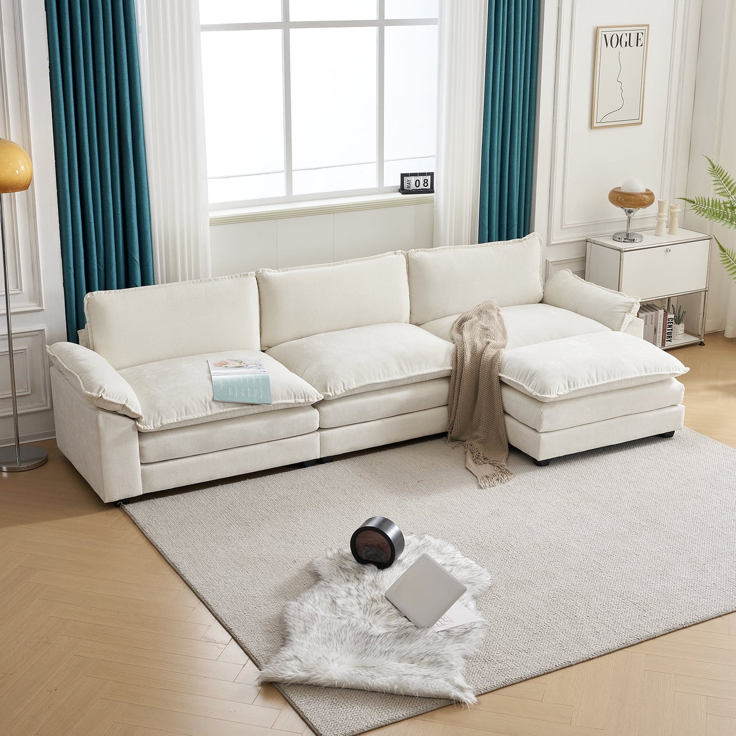 120" W Sectional Sofa L Shaped Couch with Chaise Living Room Sleeper Set, 3 Seats with Chenille and Double Layer Cushions Beige