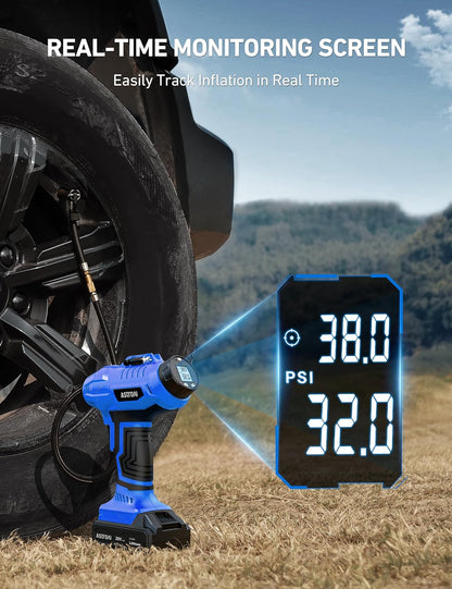 C2 Cordless Tire Inflator Air Compressor 20V Rechargeable Battery Powered 160PSI Portable Handheld Air Pump with 12V Car Power Adapter Digital Pressure Gauge for Cars Motorcycles Blue