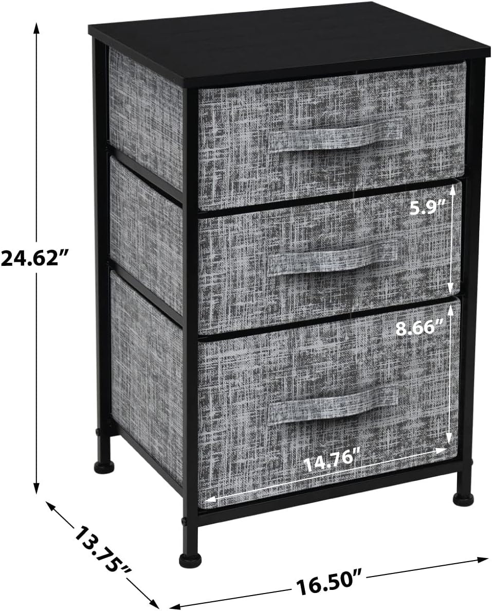 Nightstand with 3 Drawers - Bedside Furniture & Accent End Table Chest for Home, Bedroom Accessories, Office, College Dorm, Steel Frame, Wood Top, Easy Pull Fabric Bins (Gray/Black)