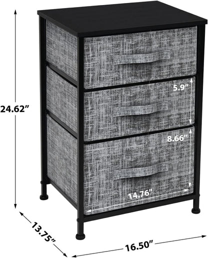Nightstand with 3 Drawers - Bedside Furniture & Accent End Table Chest for Home, Bedroom Accessories, Office, College Dorm, Steel Frame, Wood Top, Easy Pull Fabric Bins (Gray/Black)