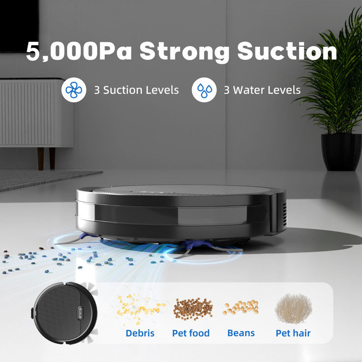 3-in-1 Robot Vacuum and Mop - 5000Pa Suction Smart Cleaner for Pet Hair & Hard Floors