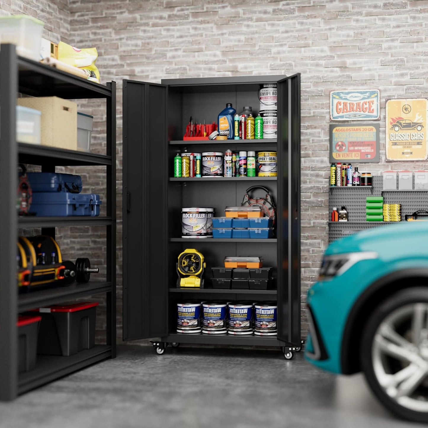 Metal Garage Storage Cabinet with Optional Wheels - Lockable 2-Door Organizer with Shelves