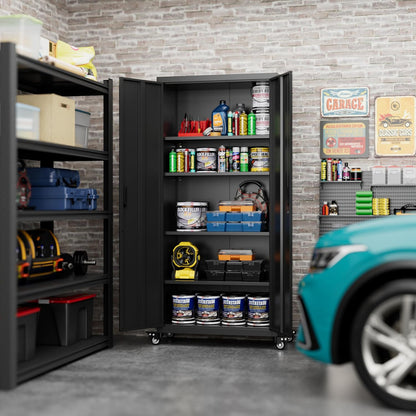 Metal Garage Storage Cabinet with Optional Wheels - Lockable 2-Door Organizer with Shelves