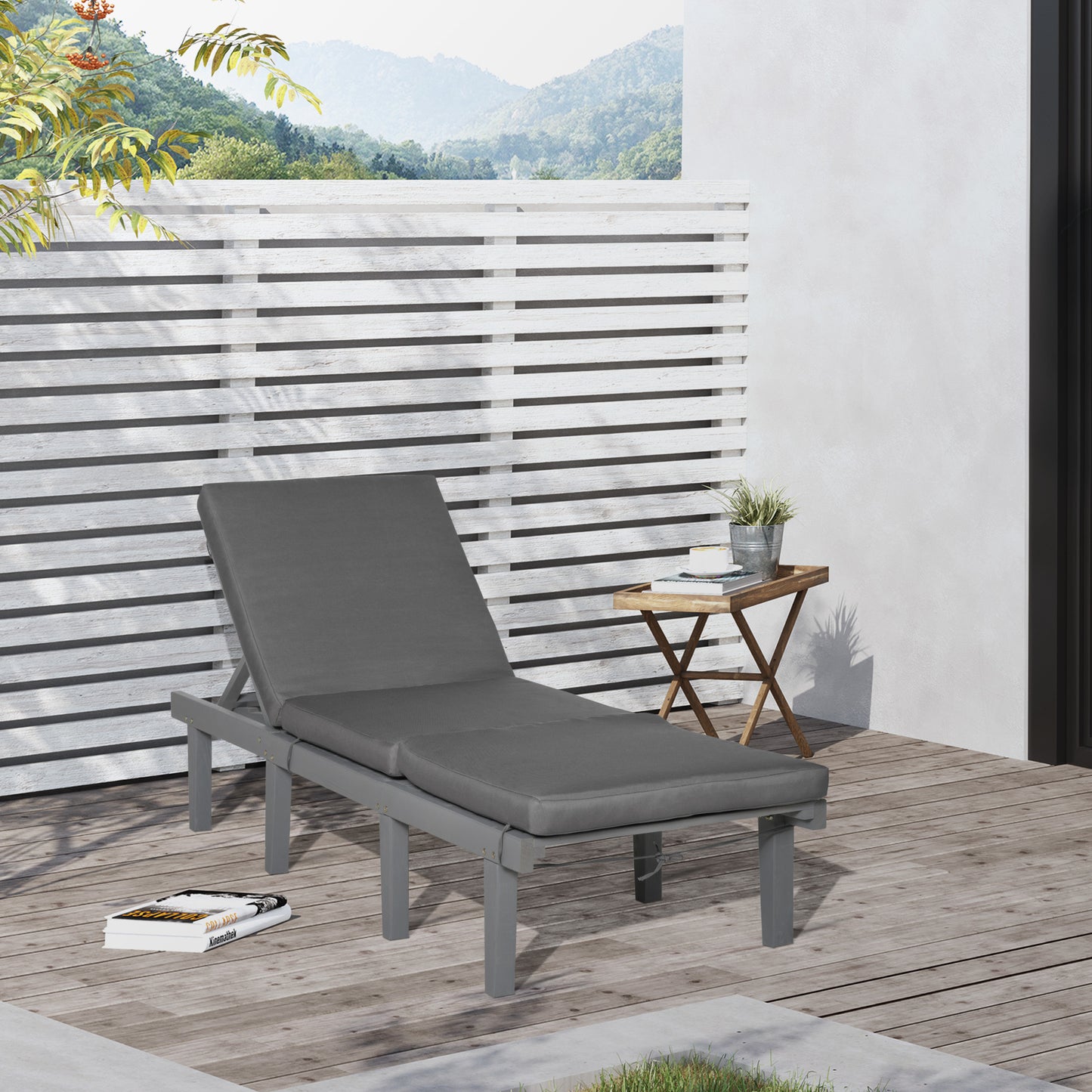 Wood Outdoor Chaise Lounge Chair - 4-Position Adjustable Reclining Beach Chair with Cushion - Gray