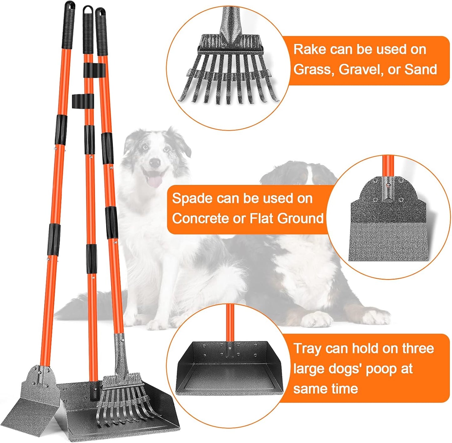 Scooper Adjustable Long Handle Metal Tray Rake and Spade Poop Scooper for Dogs Pack Poop Scoop Pet Waste Removal Poop Scoop for Large Dogs and Pets Great for Lawns Grass Gravel