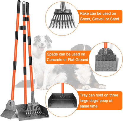 Scooper Adjustable Long Handle Metal Tray Rake and Spade Poop Scooper for Dogs Pack Poop Scoop Pet Waste Removal Poop Scoop for Large Dogs and Pets Great for Lawns Grass Gravel