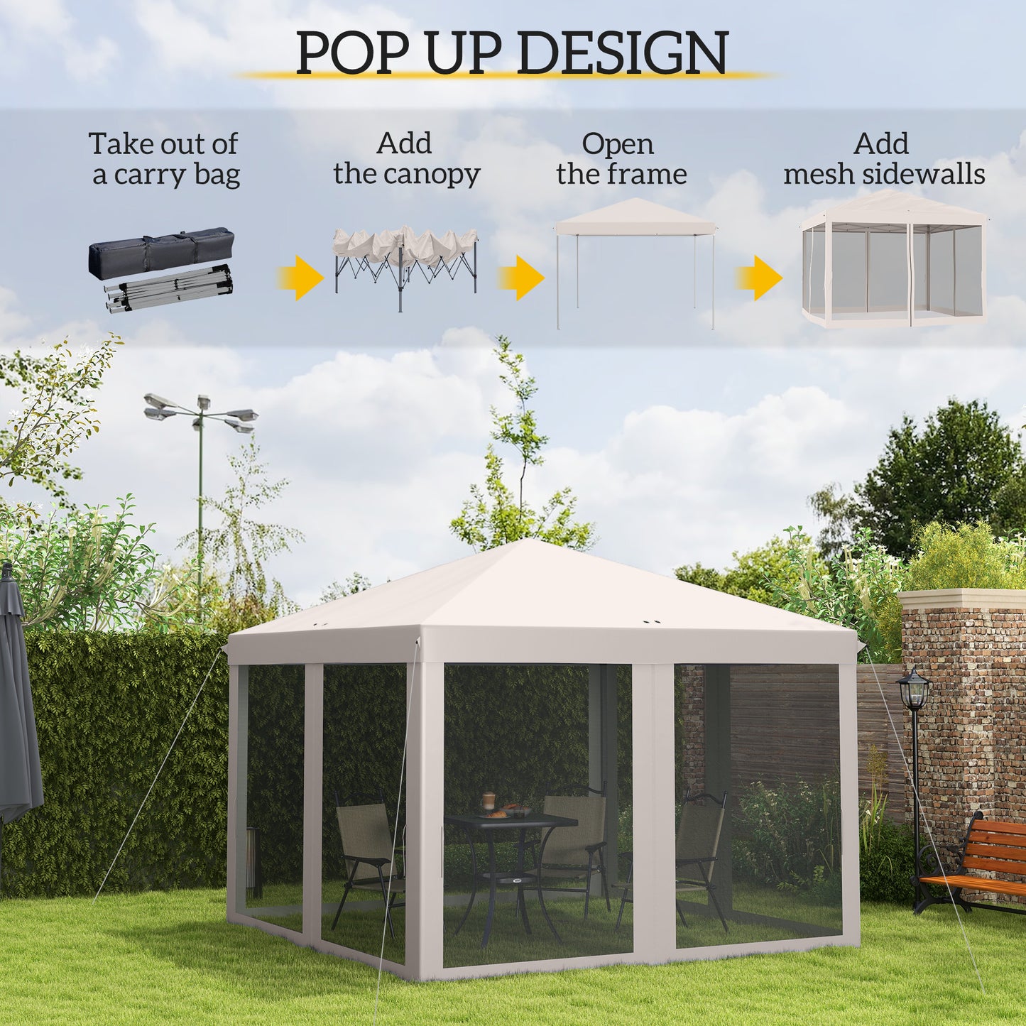 10' x 10' Pop Up Canopy Tent with Netting - Instant Gazebo Screen House for Outdoor, Patio & Camping - Beige