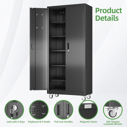 Garage Storage Cabinet with Pegboard - Lockable Metal Organizer with 5 Adjustable Shelves