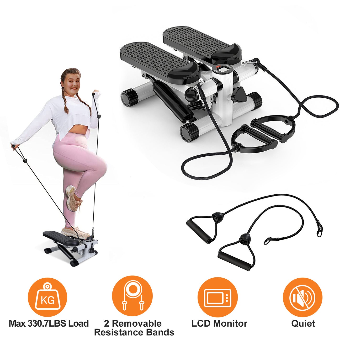 Mini Fitness Stepper with Resistance Bands - 330 lbs Capacity | LCD Monitor