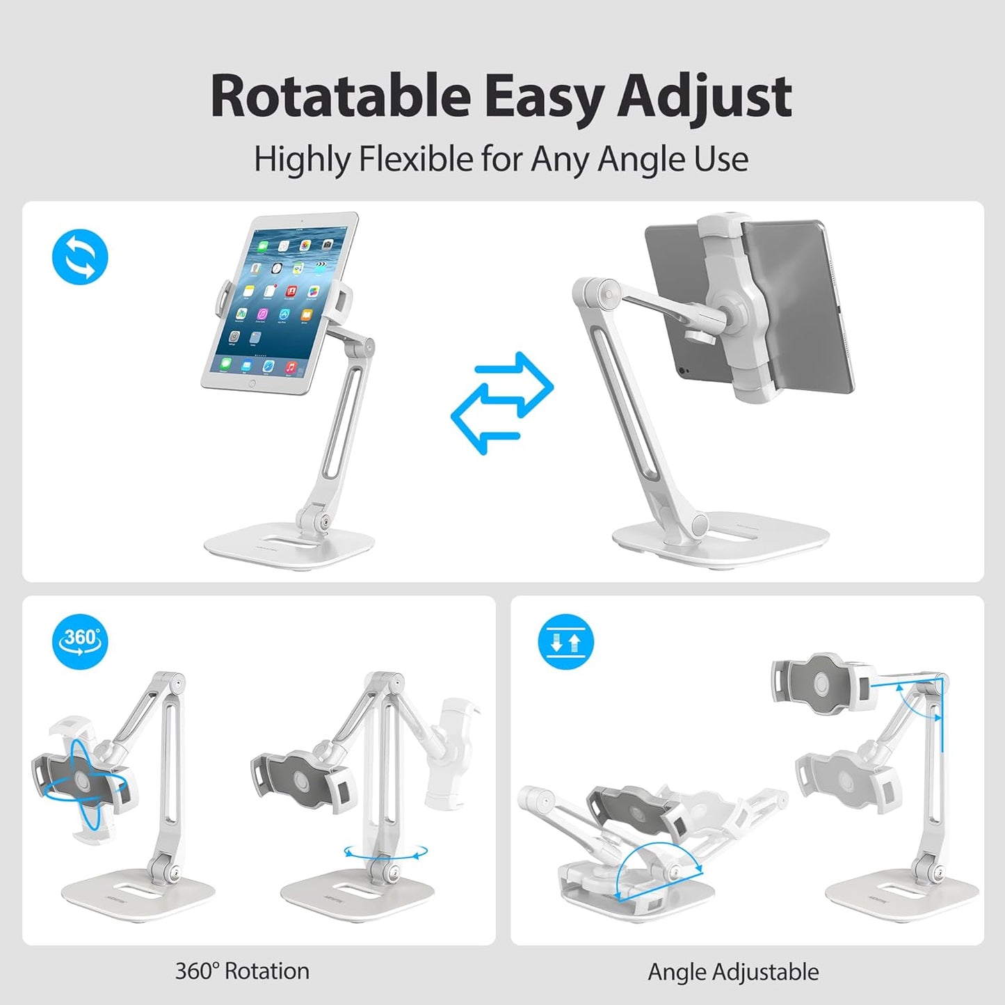 Multi-Angle Adjustable Tablet Stand, 360 Swivel Ipad Stand Aluminum Desk Mount Fits 4'-11" Tablets White