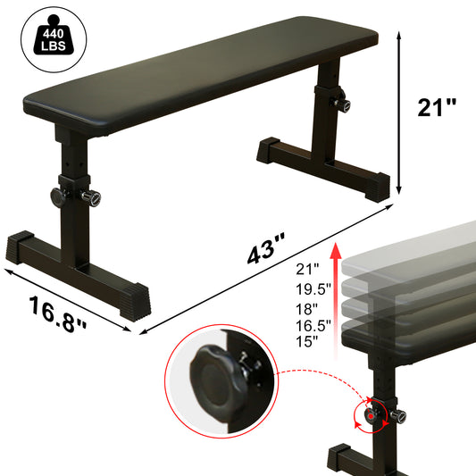 Adjustable Height Weight Bench - 5-Level Flat Bench for Strength Training & Home Gym - 440lbs Capacity