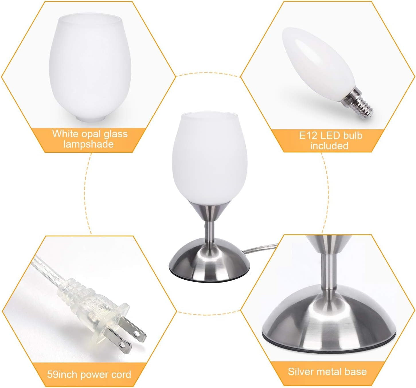 Small Touch Lamp for Bedroom Nightstand, 3-Way Dimmable Bedside Lamps Opal Glass Desk Lamp Silver Base, Tiny Table Lamp for Small Spaces Ambient Lighting for Living Room, E12 Bulb Included