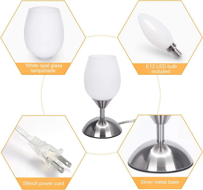 Small Touch Lamp for Bedroom Nightstand, 3-Way Dimmable Bedside Lamps Opal Glass Desk Lamp Silver Base, Tiny Table Lamp for Small Spaces Ambient Lighting for Living Room, E12 Bulb Included