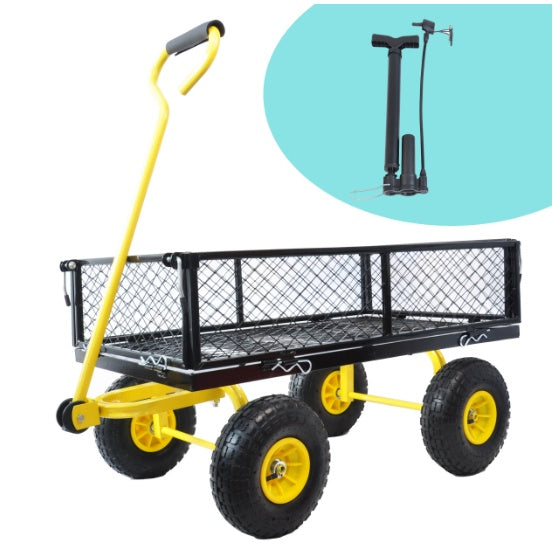 Heavy Duty Steel Garden Cart - 4-Wheel Utility Wagon with Swivel Handle & Detachable Sides