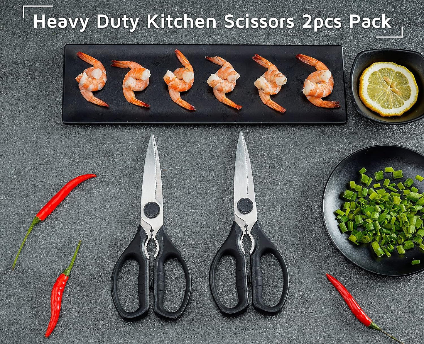 Multifunction Kitchen Scissors 2-Piece Set , Heavy Duty Food Shears for Chicken Meat Vegetable Fish Herb Poultry Stainless Steel Cooking Scissors with Comfortable Handle (Black)