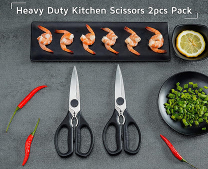 Multifunction Kitchen Scissors 2-Piece Set , Heavy Duty Food Shears for Chicken Meat Vegetable Fish Herb Poultry Stainless Steel Cooking Scissors with Comfortable Handle (Black)