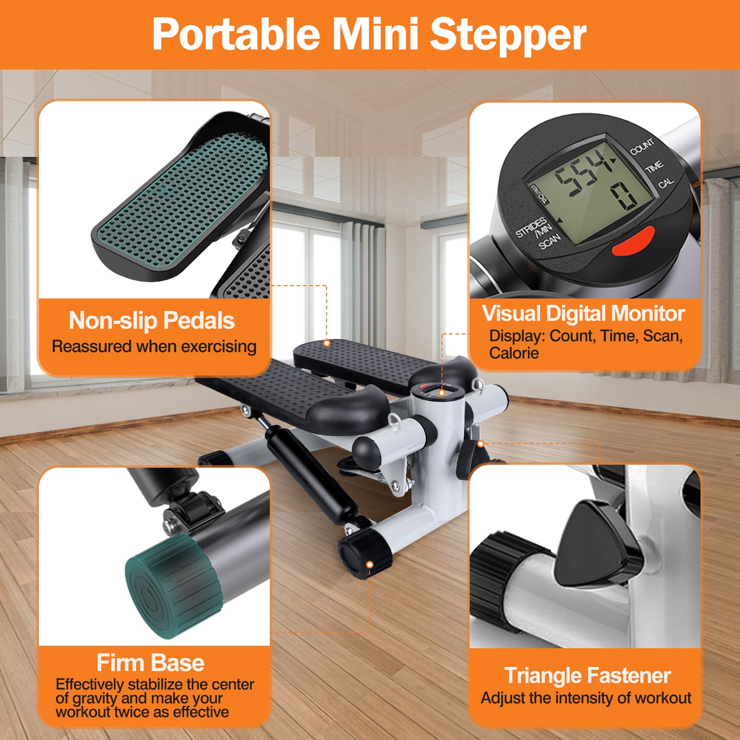 Mini Fitness Stepper with Resistance Bands - 330 lbs Capacity | LCD Monitor
