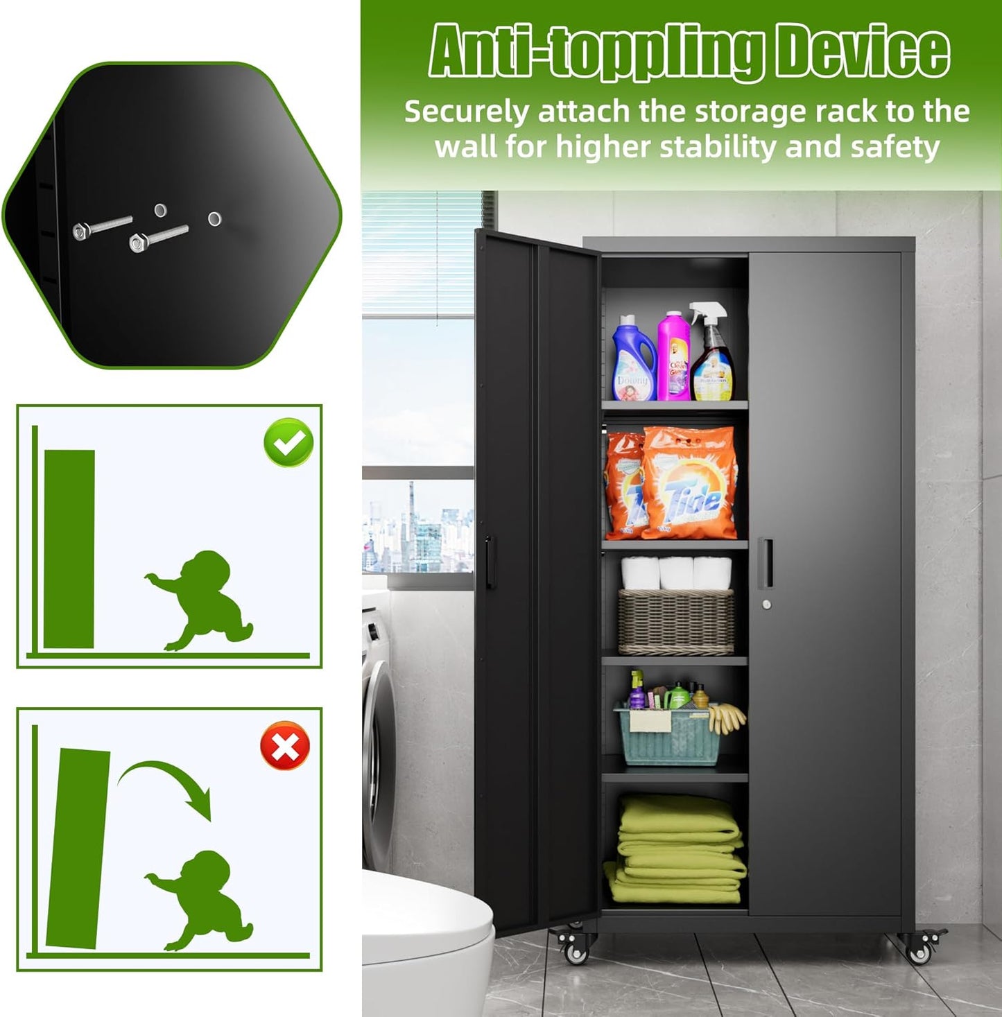 Metal Garage Storage Cabinet with Optional Wheels - Lockable 2-Door Organizer with Shelves