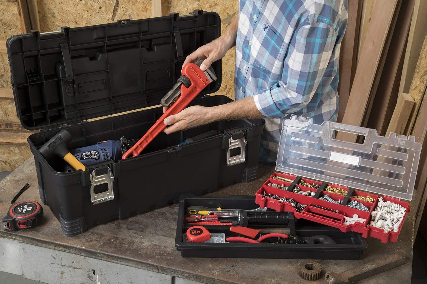Mobile Hawk Cart and Stackable Tool Box System and Organizer with Telescopic Comfort Grip Handle - Perfect Organization and Storage Chest for Power Drill, Tape Measure, and Small Parts