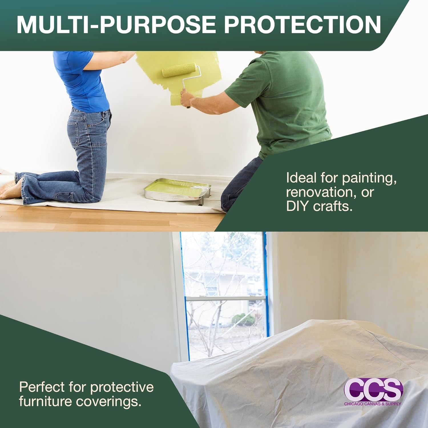 CCS Canvas Drop Cloth for Painting – All Purpose Cotton Duck Cloth Tarp for Curtains, Tablecloths, Backdrops – Washable & Reusable Floor Cover & Dust Sheet for Furniture (6X9 Ft)