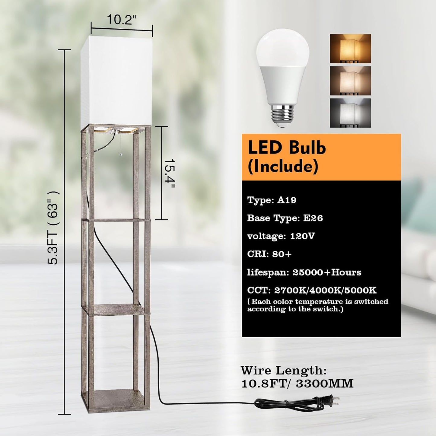 Floor Lamp with Shelves, Shelf Lamp with 3 Color Temperature LED Bulb,Lamps for Living Room, Standing Lamp Modern Tall Standing Light Display Shelf Floor Lamps for Bedroom, Office Home Decor
