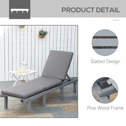 Wood Outdoor Chaise Lounge Chair - 4-Position Adjustable Reclining Beach Chair with Cushion - Gray