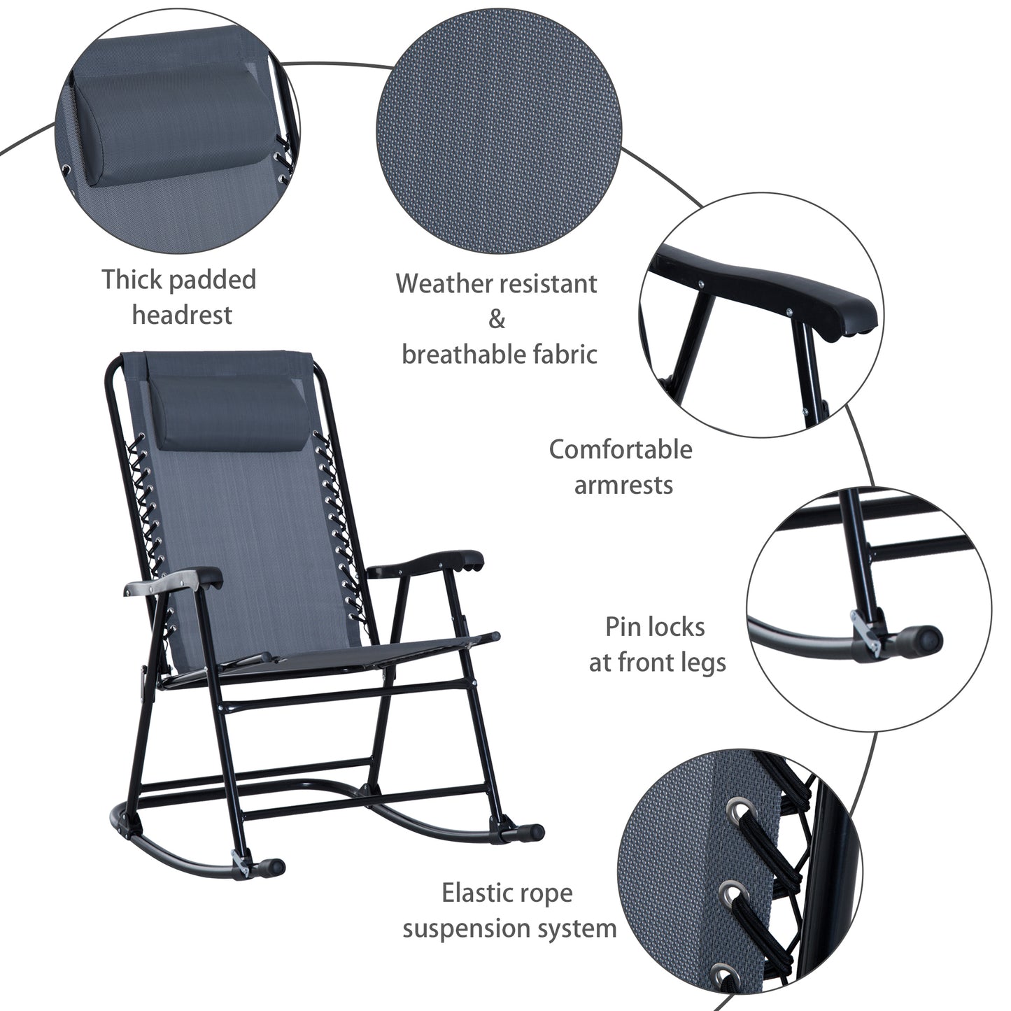 Outdoor Folding Rocking Chair Set - 2 Rocking Chairs with Armrests & Side Table - 3-Piece Patio Furniture - Gray