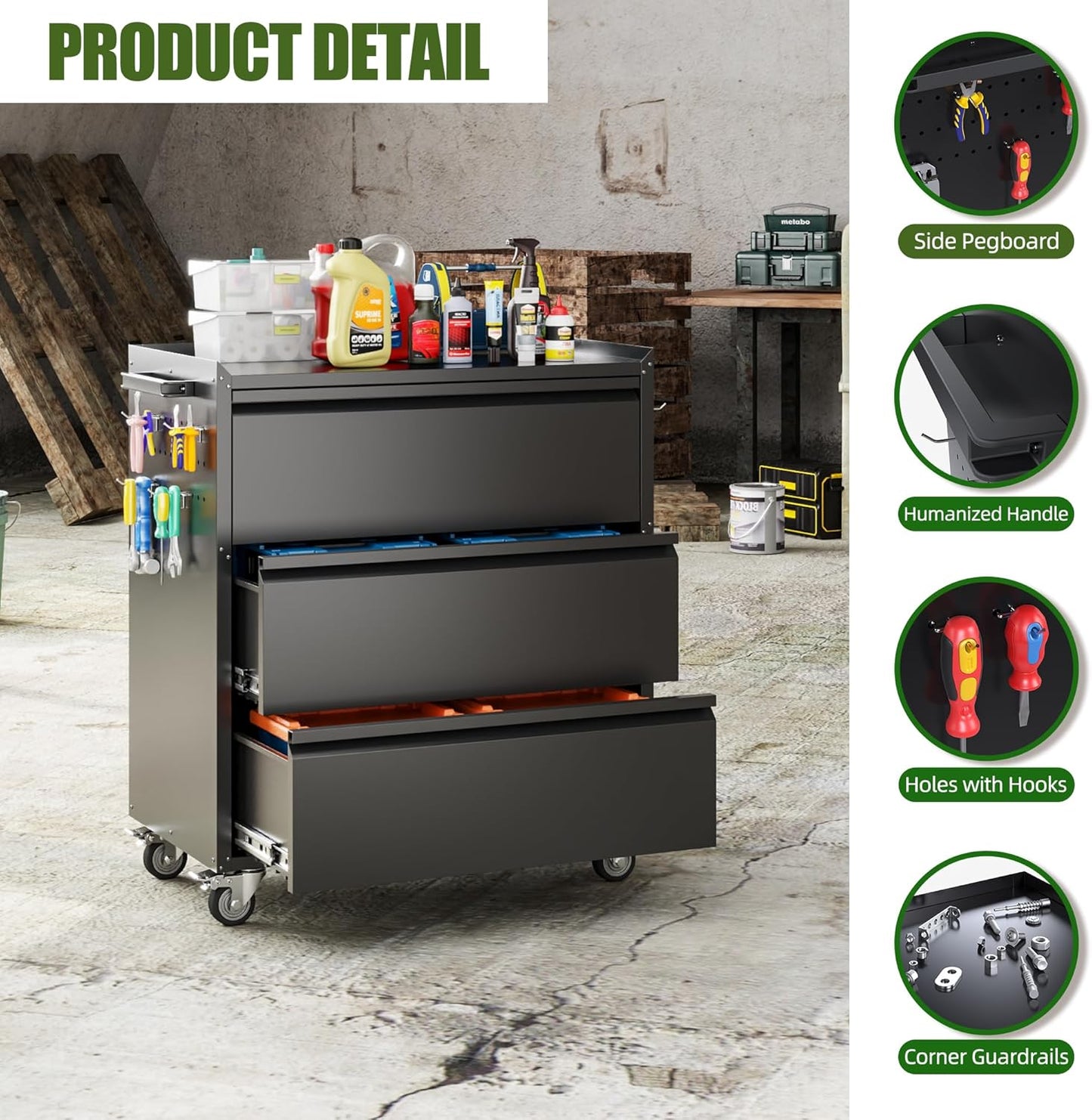 Mobile Tool Chest with 3 Drawers & Workbench Top - Rolling Garage Cabinet with Wheels