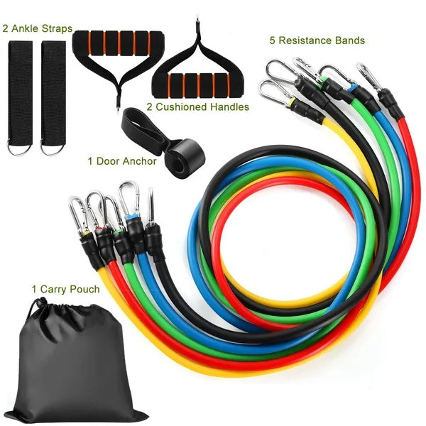 11-Piece Resistance Bands Set - Up to 100 lbs | Complete Home Workout Kit