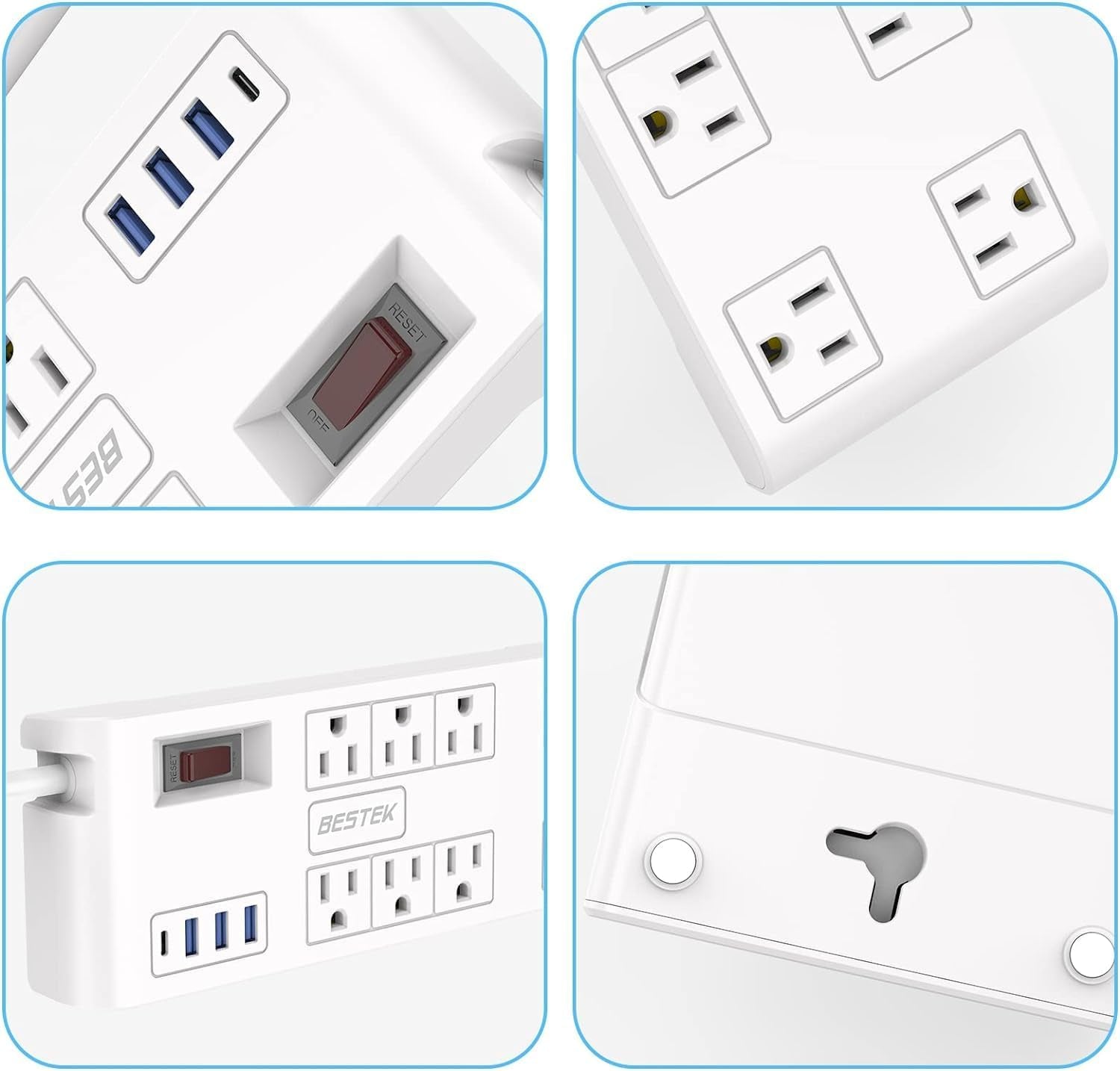 8 AC Outlet, 5 Feet Extension Cord Power Strip with 3 USB-A 2.4A 1USB-C 3A, MAX Output 1625W 13A, 600Joule, Ultra-Compact Wide Spaced Outlet for Large Plug