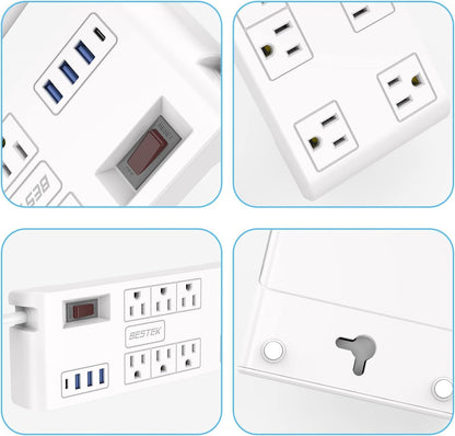 8 AC Outlet, 5 Feet Extension Cord Power Strip with 3 USB-A 2.4A 1USB-C 3A, MAX Output 1625W 13A, 600Joule, Ultra-Compact Wide Spaced Outlet for Large Plug