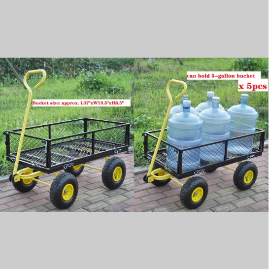 Heavy Duty Steel Garden Cart - 4-Wheel Utility Wagon with Swivel Handle & Detachable Sides