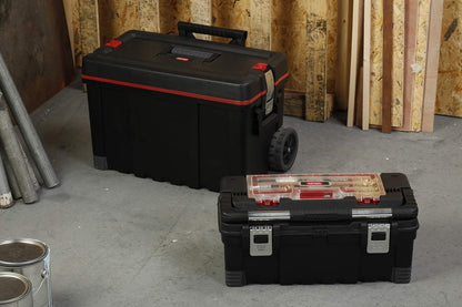 Mobile Hawk Cart and Stackable Tool Box System and Organizer with Telescopic Comfort Grip Handle - Perfect Organization and Storage Chest for Power Drill, Tape Measure, and Small Parts
