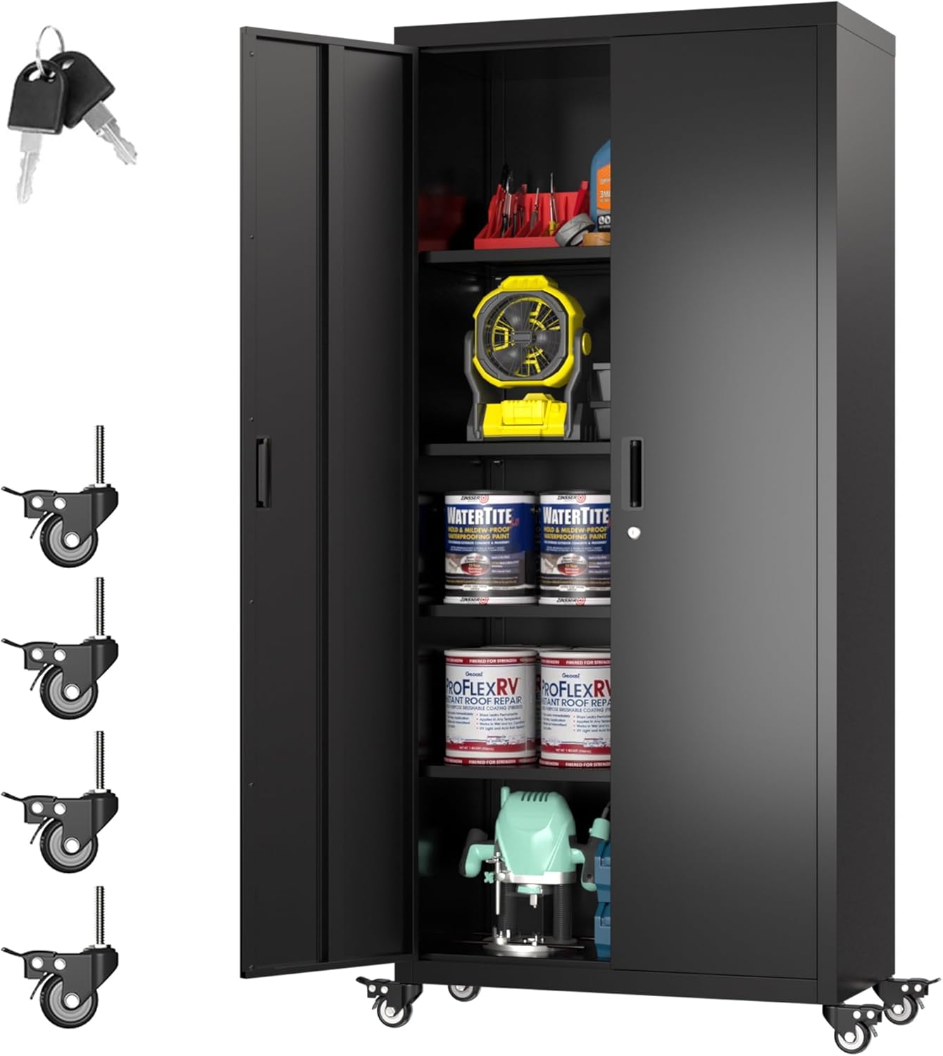 Metal Garage Storage Cabinet with Optional Wheels - Lockable 2-Door Organizer with Shelves