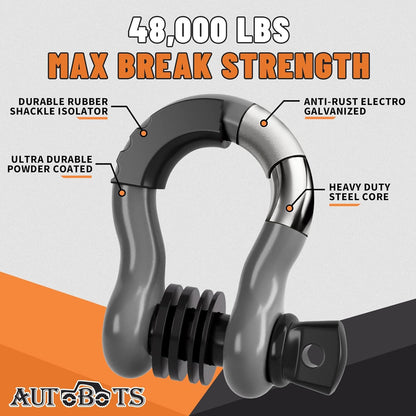 Bow Shackles 3/4" D Ring Shackle (2 Pack), 48,000Ib Break Strength with 7/8" Pin, 2 Isolator and 4 Washers Kit for Offroad Vehicle Truck Recovery Gray