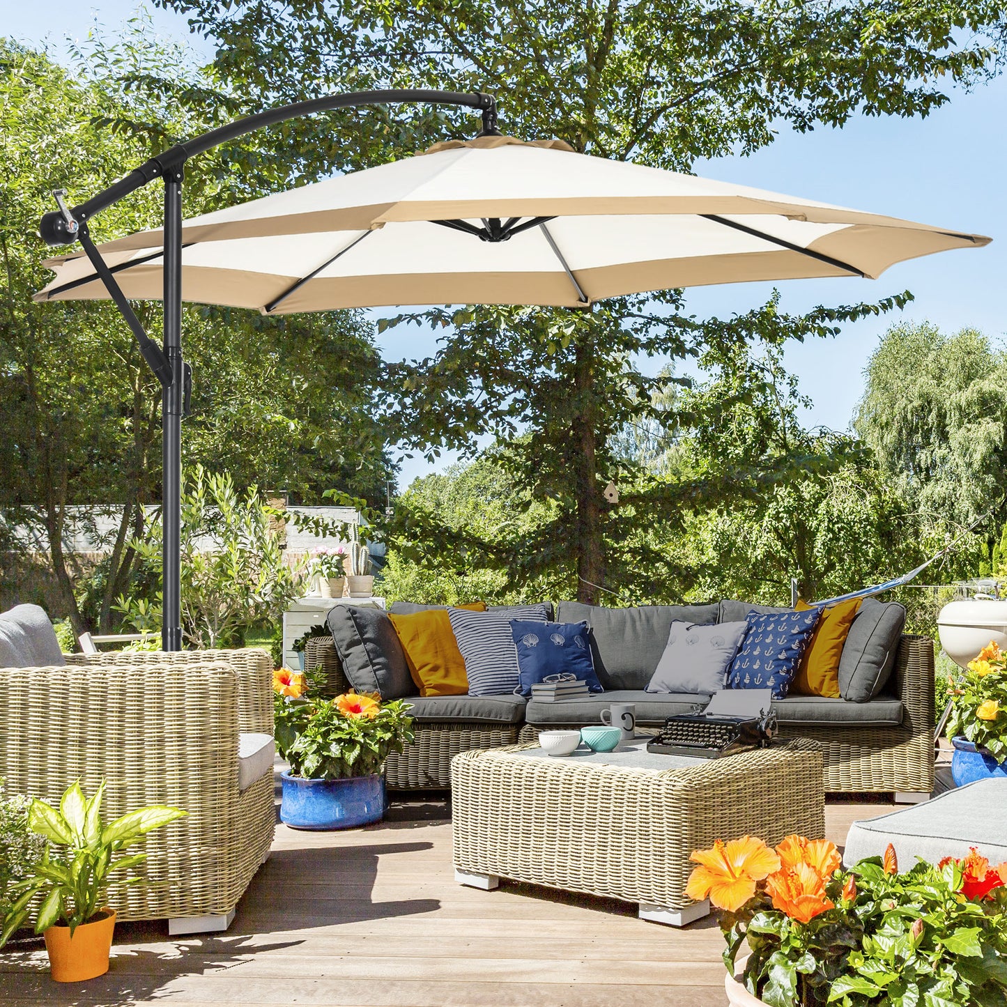 10FT Cantilever Offset Patio Umbrella - Hanging Umbrella with Crank & Cross Base for Deck, Pool & Garden - Tan