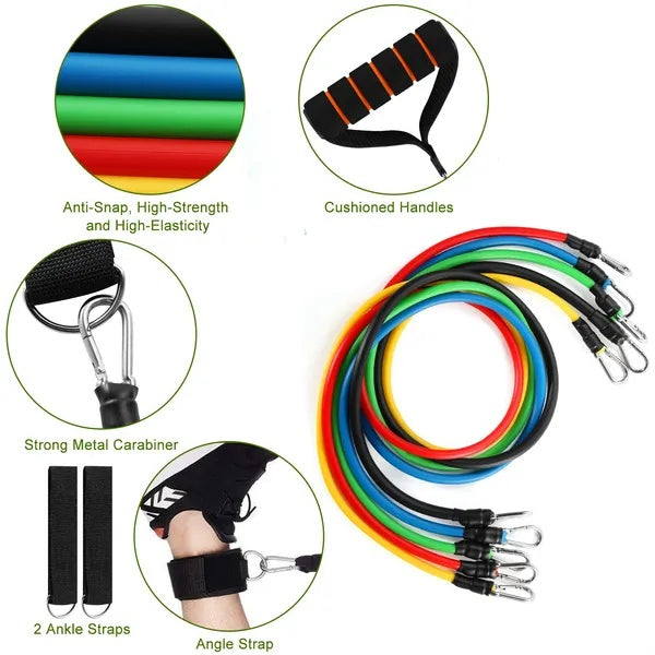 11-Piece Resistance Bands Set - Up to 100 lbs | Complete Home Workout Kit
