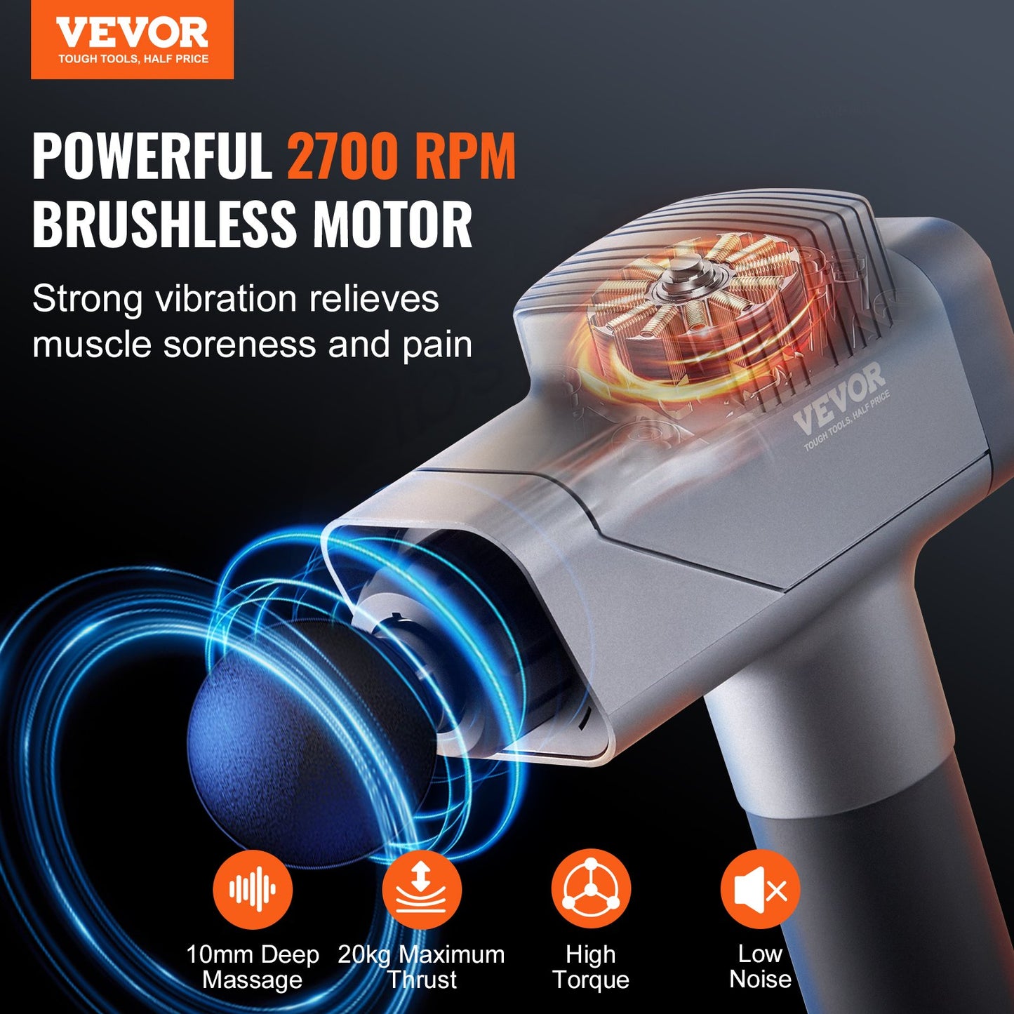 VEVOR Massage Gun - Deep Tissue Percussion Massager | 8 Speeds & 6 Heads
