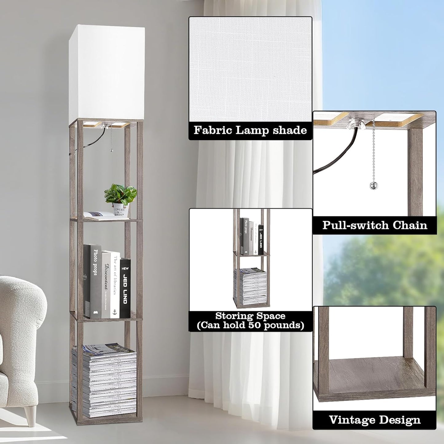 Floor Lamp with Shelves, Shelf Lamp with 3 Color Temperature LED Bulb,Lamps for Living Room, Standing Lamp Modern Tall Standing Light Display Shelf Floor Lamps for Bedroom, Office Home Decor