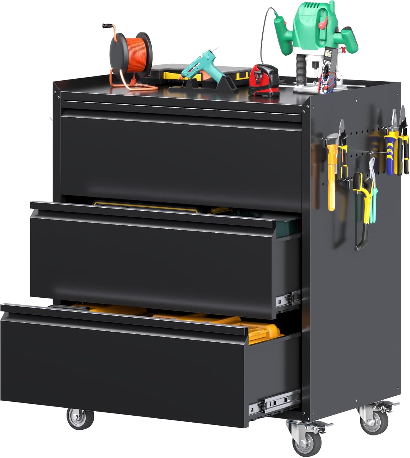 Mobile Tool Chest with 3 Drawers & Workbench Top - Rolling Garage Cabinet with Wheels